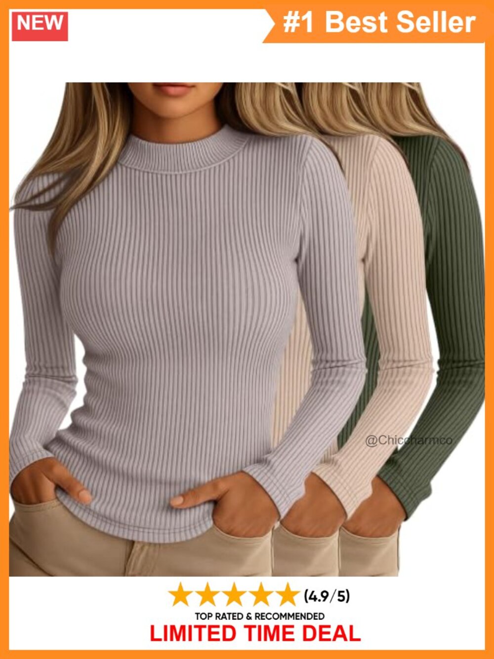 Ribbed Mock Neck Long Sleeve Tops 3 Pack Pullover Blouses Slim Fit